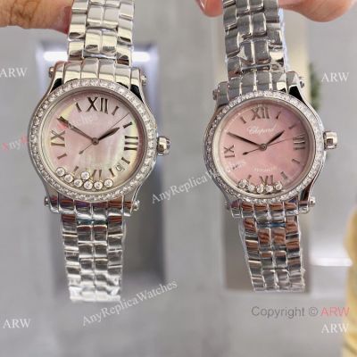 Faux Chopard Happy Sport Quartz Watch Pink Mop Dial Diamond Bezel